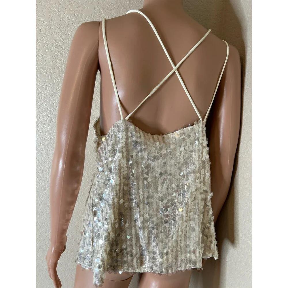 On Two Fifth sparkly sequined top strappy cream/gold shimmer  SZ M sleeveless - Picture 4 of 10